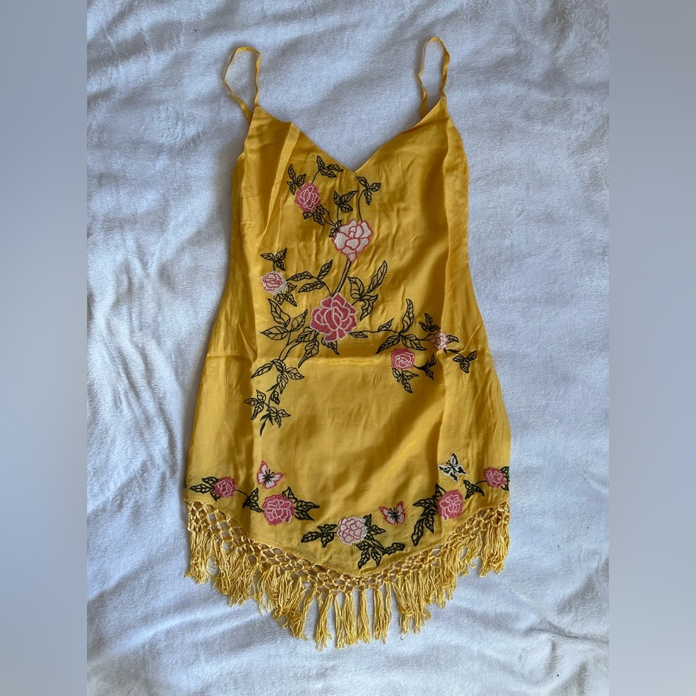 SOLD💛Urban Outfitters Carmen Embroidered Fringe Sleeveless Mini Dress in Yellow - Picture 16 of 16